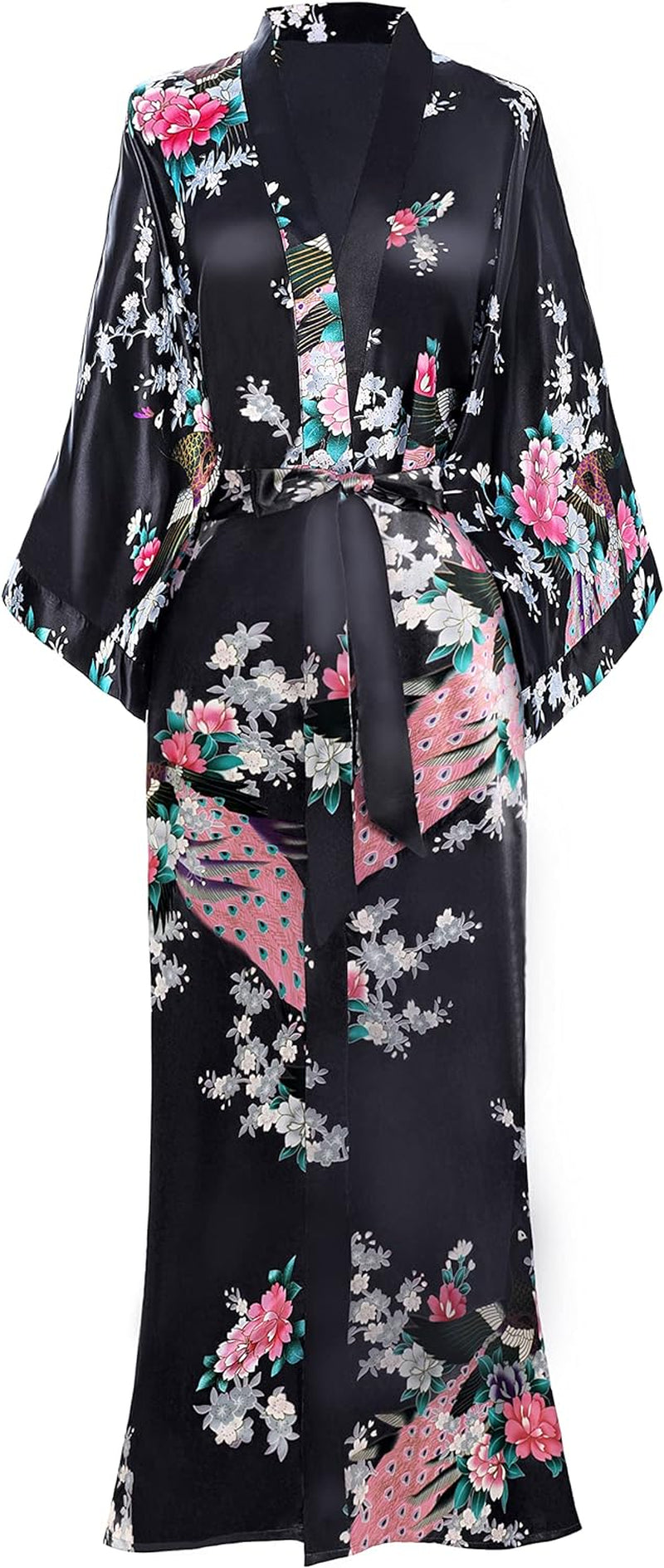 Women'S Kimono Robe Long Satin Robes with Peacock and Blossoms Printed Kimono Nightgown