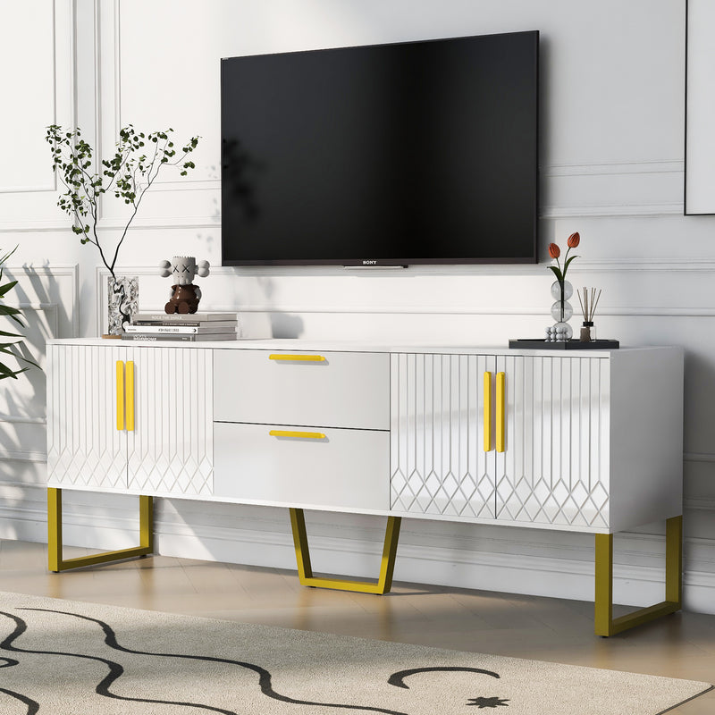 Modern TV Stand for TVs up to 75 Inches, Storage Cabinet with Drawers and Cabinets, Wood TV Console Table with Metal Legs and Handles for Living room